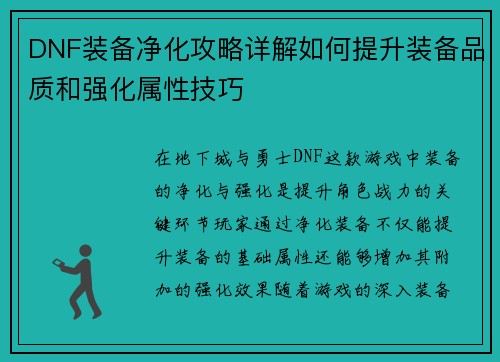 DNF装备净化攻略详解如何提升装备品质和强化属性技巧